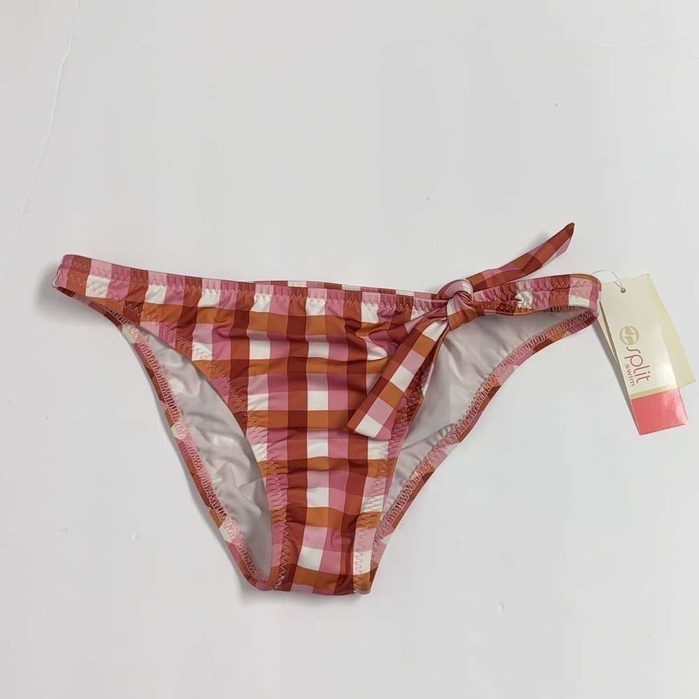 Split Swim Size M Pink/White/Rust/Brown Plaid Hipster Bikini Swim Bottom NEW NWT